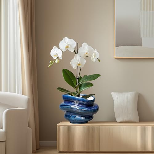 Ceramic Pots for Plants - 10.6 Inch Ceramic Planter with Drainage Hole, Decorative Planters for Indoor Outdoor, Unique Flower Pots, Garden Office House Decor, Birthday Housewarming Gifts, Blue - Image 5