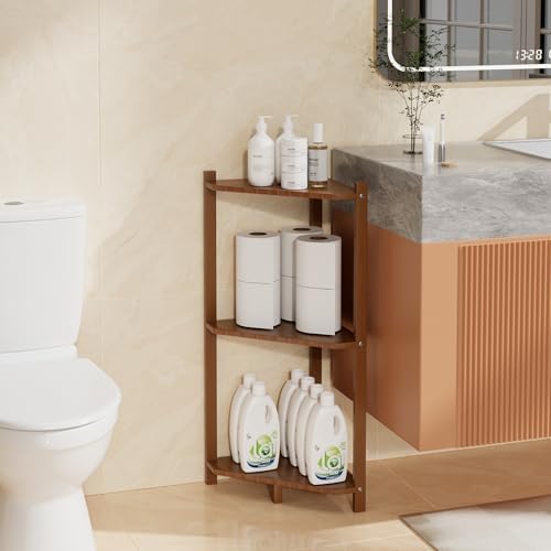 Wisuce Bamboo Small Corner Shelf Stand, 3-Tier Brown Corner Bookshelf by Wisuce
