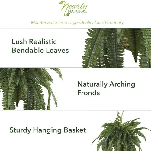 Nearly Natural 22 in Artificial Boston Fern Hanging Basket for Home Decor - Image 2