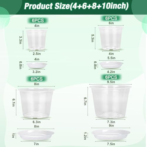 4/6/8/10 Inch Clear Nursery Pots with Drainage and Saucers, 24 Pack Clear Plant Pots, Variety Size Plastic Orchid Flower Pot for Indoor Outdoor - Image 2