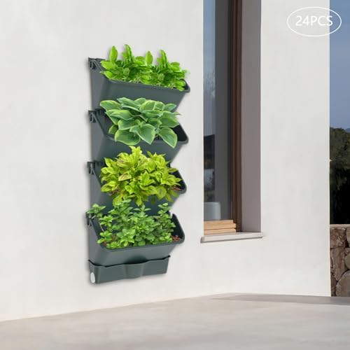 Self Watering Vertical Wall Planter, 24 Pockets 13" Stackable Hanging Planters Indoor Outdoor Living Wall with Hose and Drainage Tray Kit, Green Plastic Pot Herb Plants for Deck Garden - Image 4