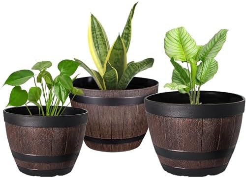 VECELO Plant Pots with Drainage Holes & Saucer, 9/11.3/13 Inch Flower Pots with Tray, 3 Pack Plastic Whiskey Barrel Planters for Indoor & Outdoor Garden Home Plants and Flowers by VECELO