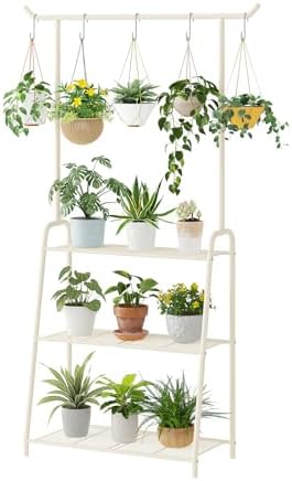 Kitsanery Plant Stand Indoor Outdoor,Metal Plant Stands for Multiple Plants,3 Tier Tall Hanging Plant Shelf,Large Heavy Duty Flower Holder Ladder Plant for Living Room, Patio, Balcony (White) by Kitsanery