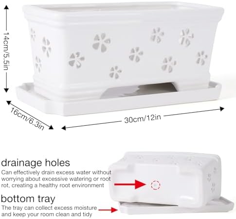 Rectangle Ceramic Orchid Pot with Holes and Saucer 12Inch Ceramic Large Pot Basin for Refilling Indoor and Outdoor Use Air Circulation Orchid Planter for Repotting Planter White - Image 2