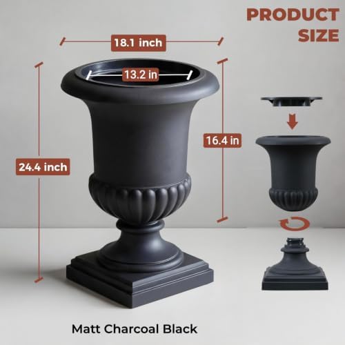 24.4" H Roman Urn Planter, Lightweight Matte Black Plastic Flower Pot - Image 5