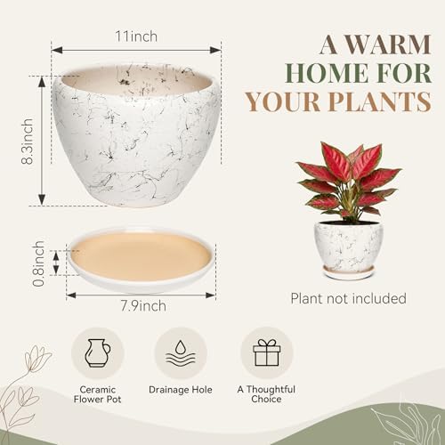 11 Inch Ceramic Plant Pot with Drainage Hole Mesh Net, Large Gardening Pots for Indoor Plants with Saucer, White Silk - Image 6