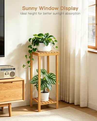 Ufine Bamboo 2-Tier Square Plant Stand, 30 Inch Tall Plant Display Rack - Image 2