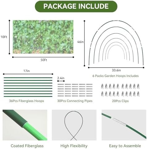 Garden Netting Kit for Raised Beds, 10x50FT Ultra Fine Mesh Netting＆ 6 Sets of 8FT Fiberglass Garden Hoops, Row Cover Insect Netting for Vegetable Plant Fruit Flowers Protection - Image 4