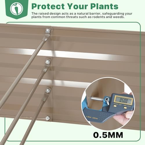 ONCEMORE Galvanized Raised Garden Bed for Vegetables Flowers Herbs, Metal Raised Garden Bed Kit with 2 PCS Tomato Cage, Gloves, Trellis Netting, Plant Labels, Plant Ties, Brown 8×4×1FT - Image 4