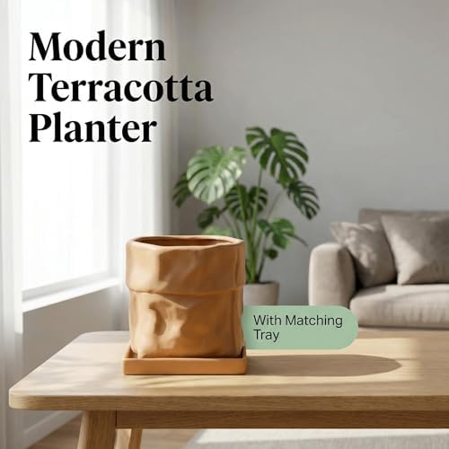 Nihow 6 Inch Ceramic Plant Pot with Drainage & Square Saucer, Terracotta - Image 4