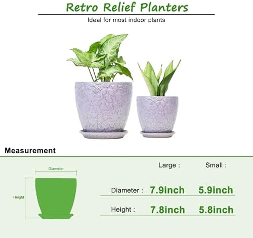 8 Inch + 6 Inch Retro Ceramic Planter Set of 2 with Drainage Hole and Saucer for Multiple Plants, Indoor-Outdoor Garden Pots for Succulent, Orchid, and Flower (Retro Purple) - Image 3