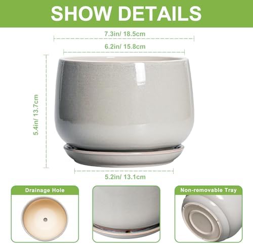 G EPGardening Ceramic Plant Pots, 7 Inch Plant Pot, Light Grey - Image 3