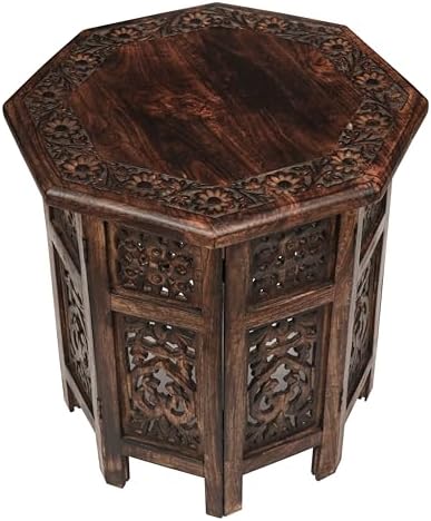 End Tables for Living Room– Hand Carved Vintage Boho Folding Side Tables for Small Spaces, Entryway, Living Room, Bedroom – No Tools Assembly, 18"x18" Octagon, Scorch Burnt Finish - Image 3