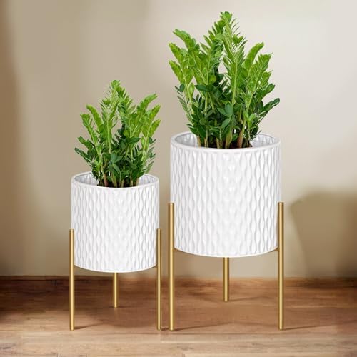 ARNIS Plants Pots with Stand, Set of 2 P lanters, Unique Mid Century Decorative Metal Flower Pots with Drainage, 8.25 & 10.5 Inch, White and Gold - Image 7
