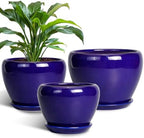 Flower Pots for Indoor Plants- Ceramic Pots for Plants 10 Inch 8 Inch 6 Inch Plant Pots with Drainage Holes and Saucers Decorative Large Planters for Outdoor Plants Set of 3 Blue by EPFamily