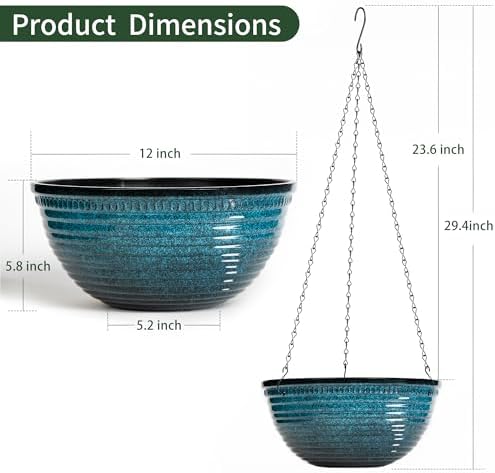 12 Inch Glazed Hanging Planters for Indoor Outdoor Plants, Hanging Baskets - Image 2