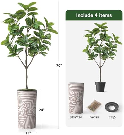 Artificial Tree in Geometric Pattern Planter, Fake Magnolia Tree for Indoor and Outdoor Home Decoration - 70" Overall Tall (Plant Pot Plus Tree) - Image 5