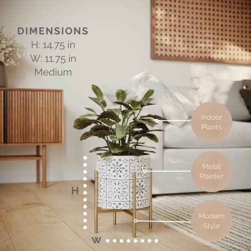 EverNest Tristan White with Black Boho Pattern Plant Pot with Loki Stand, SelectBase Indoor Planter, Neutral Home Decor, Minimalist Artistic Boho Plant Pot (Medium, Gold) - Image 2
