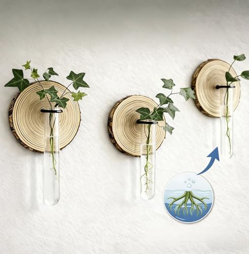 Wall Mounted Test Tube Vase with Natural Wood Slice Base, Hanging Propagation Station for Plants, Rustic Boho Home Decor (6pc Multicolor) - Image 3