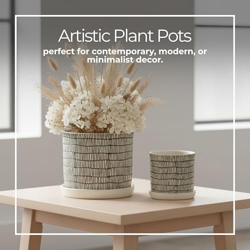 Set of 2 Geometric Decorative Ceramic Planter Pots with Saucer – Stoneware Outdoor & Indoor Plant Pots with Drainage – Modern Garden & Home Decor Ceramic Planters – 6" & 8", Ivory - Image 4