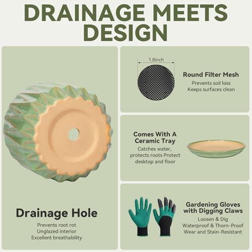 7.5 Inch Ceramic Planter Pot with Saucer Drainage Leak-Proof Mesh,Flower Pots for Indoor Plants with Gardening Gloves,Ceramic Planter(Light Green) - Image 4