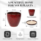 10 Inch Ceramic Planter with Drainage Hole Saucer(Red) - Image 5