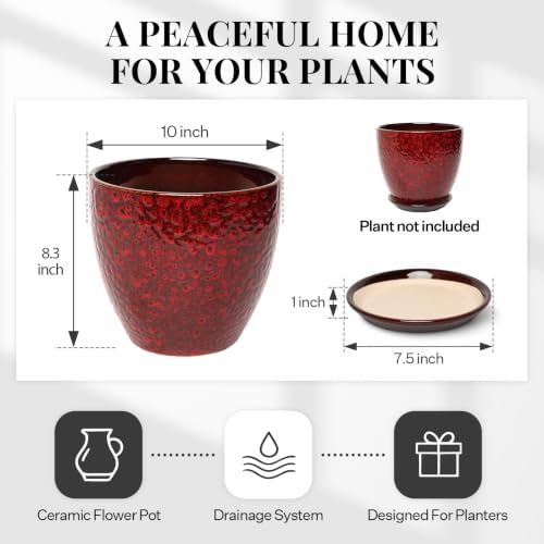 10 Inch Ceramic Planter with Drainage Hole Saucer(Red) - Image 5