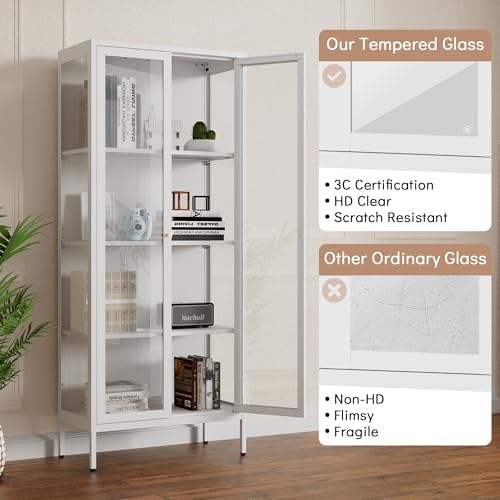 Polup 66" White Glass Display Cabinet, 3-Side Clear View for Collectibles - Image 4