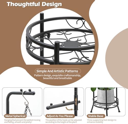 CZWL&HG Hanging Plant Stand Adjustable 2-Tier 72" Metal Shelf -Tall Indoor/Outdoor Plant Rack with Hangers for 4 Potted Flowers, Corner Shelf for Living Room & Patio (Black) - Image 4