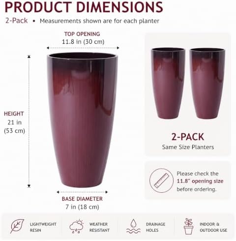 Large Outdoor Planters with Movable Insert Shelf/Drainage Hole, 21 Inch Black to Scarlet Gradient- Glossy Finish for Indoor Modern House Décor Outdoor Flower Pots - Image 6