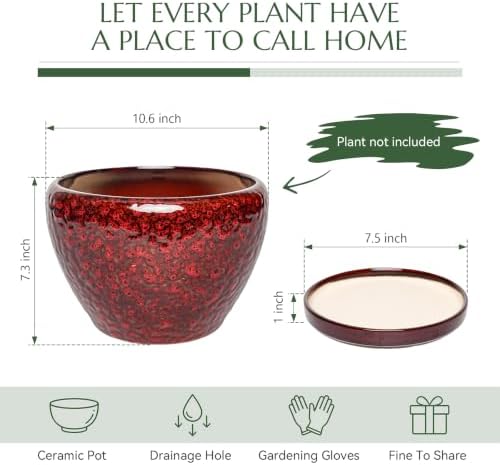 10.6 Inch Ceramic Planter with Saucer for Indoor Plants (Speckled Red) - Image 4