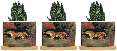 Chinoiserie Tiger Ceramic Planters Green and Turquoise Tiger Stripe Planters for Indoor Plants with Drainage Holes and Saucers Pot for Pots Outdoor Indoor Plants by BRUYU5SE