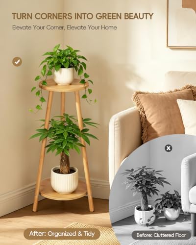 2 Tier Round 12 inch Bamboo Plant Stand Indoor Outdoor,Wood Flower Stand - Image 5