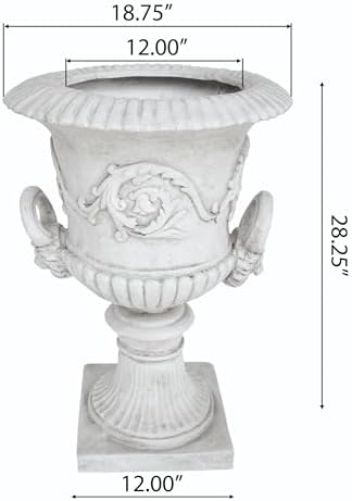 Merax 28-inch MGO Roman Garden Urn Planter, Lightweight Concrete Indoor Outdoor Flower Pot with Drainage Hole & Stopper, Stone-Look Planter for Plants, Flowers, Succulents, and Herbs, Antique White - Image 2