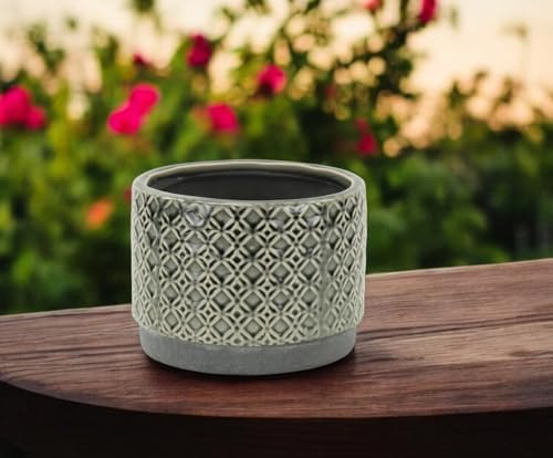 HomeRoots 7" Gray Geometric Ceramic Indoor Outdoor Round Pot Planter - Image 2
