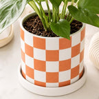 Checkered Ceramic Planter Pot with Drainage Hole and Saucer, Black and White Planters Decor,Indoor Cylinder Round Planter Pot (Yellow, Medium) - Image 5