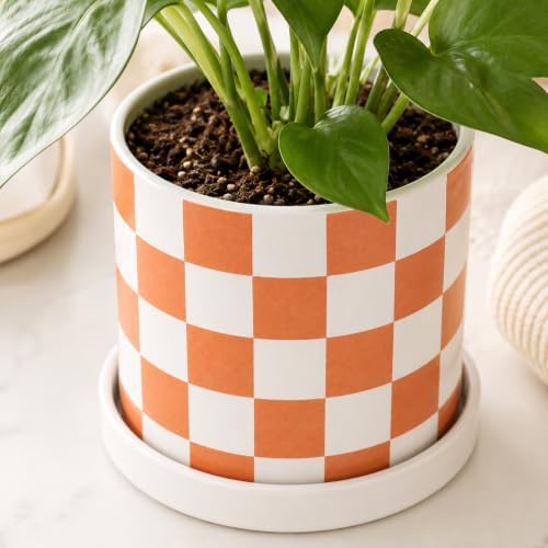 Checkered Ceramic Planter Pot with Drainage Hole and Saucer, Black and White Planters Decor,Indoor Cylinder Round Planter Pot (Yellow, Medium) - Image 5