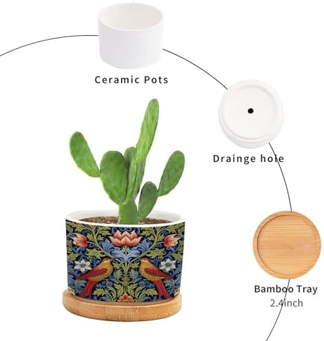 Red Bird Floral Flower Planter Ceramic Chinoiserie Asian Botanical Round Plant Pots with Drainage Holes and Bamboo Tray Pot for Indoor Outdoor Garden - Image 3