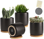 4 Inch Ceramic Black Plant Pots with Saucer and Drainage Hole, Set of 4 by OMAYKEY
