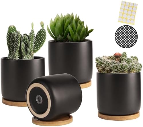 4 Inch Ceramic Black Plant Pots with Saucer and Drainage Hole, Set of 4 by OMAYKEY