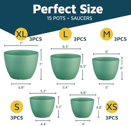 Mint Plant Pots with Drainage Holes & Saucers 15 Pack, Indoor & Outdoor Stackable Space-Saving Planters for Houseplants & Flowers, (7", 6.7", 6", 5.3", and 4.8" Inches), Durable & Weatherproof - Image 2
