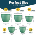 Mint Plant Pots with Drainage Holes & Saucers 15 Pack, Indoor & Outdoor Stackable Space-Saving Planters for Houseplants & Flowers, (7", 6.7", 6", 5.3", and 4.8" Inches), Durable & Weatherproof - Image 2