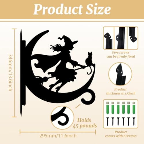 peacoblue Witch and Cat Plant Hanger Bracket, Iron Outdoor Hanging Hook - Image 2