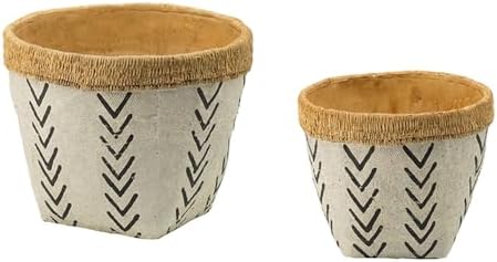 10 x 8 Set of 2 Cement Planters with V Pattern, White and Brown - Image 2