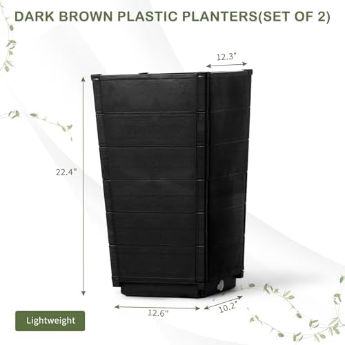 Large Resin Plant Pots,Tall Planter Outdoor Indoor,2 Pack Outdoor Tall Plastic Planter Set, Large Flower Pots with Drainage Holes, for Porch Entryway Patio Yard Garden, Dark Brown - Image 4