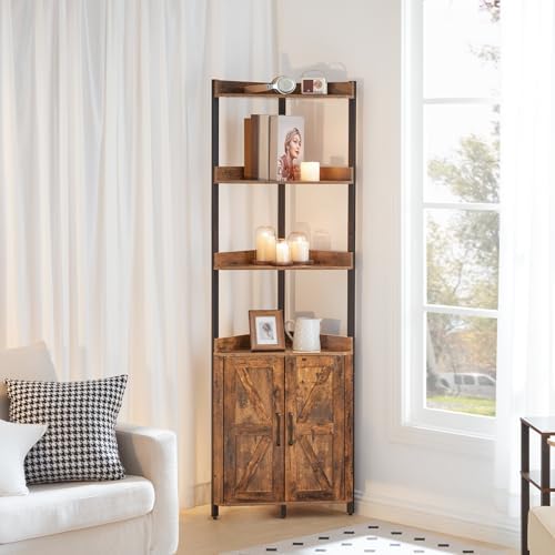 HOOBRO Corner Shelf with Storage, Tall Corner Cabinet, 5-Tier Bookshelf Stand, Storage Cabinet with Protective Fence, for Living Room, Rustic Brown and Black BF78CJ01 - Image 2