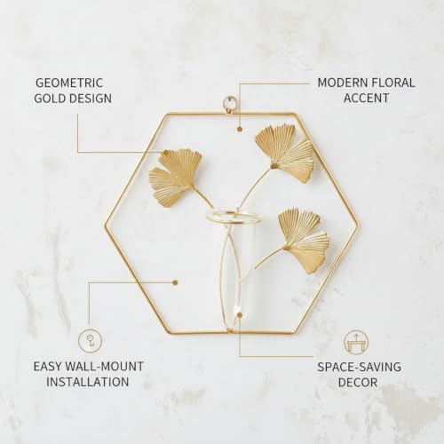 Gold Iron Wall-Mounted Vase, Geometric Metal Flower Holder for Home and Office Vertical Decor - Image 4