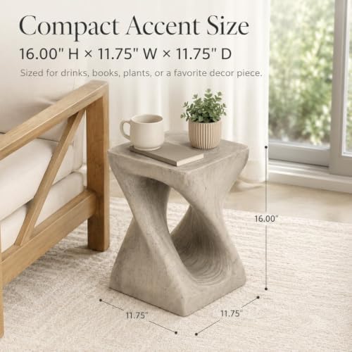 IRONORA Concrete Look Twisted Hollow Pedestal Side Table, Hourglass Sculpture Accent End Table, Weather Resistant Decor Plant Stand for Living Room Covered Patio Wabi Sabi Industrial Decor - Image 5