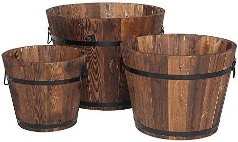 Wooden Whiskey Barrel Planters,Wooden Pot Set,3 PCS Large Wooden Planter Barrel Set, 11.5"(Dia)- 18"(Dia) Real Wood Indoor/Outdoor Flower Pot w/Drainage Holes, Different Sizes, Large Garden Container by Sepnefi