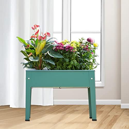 Raised Garden Bed, Elevated Planter Green Metal Plant Box with Legs Standing Garden Stand Drainage Holes Green - Image 4